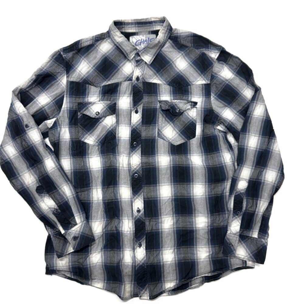 Chalc Western Button Up Shirt Mens XL Blue Plaid‎ Long Sleeve Cotton